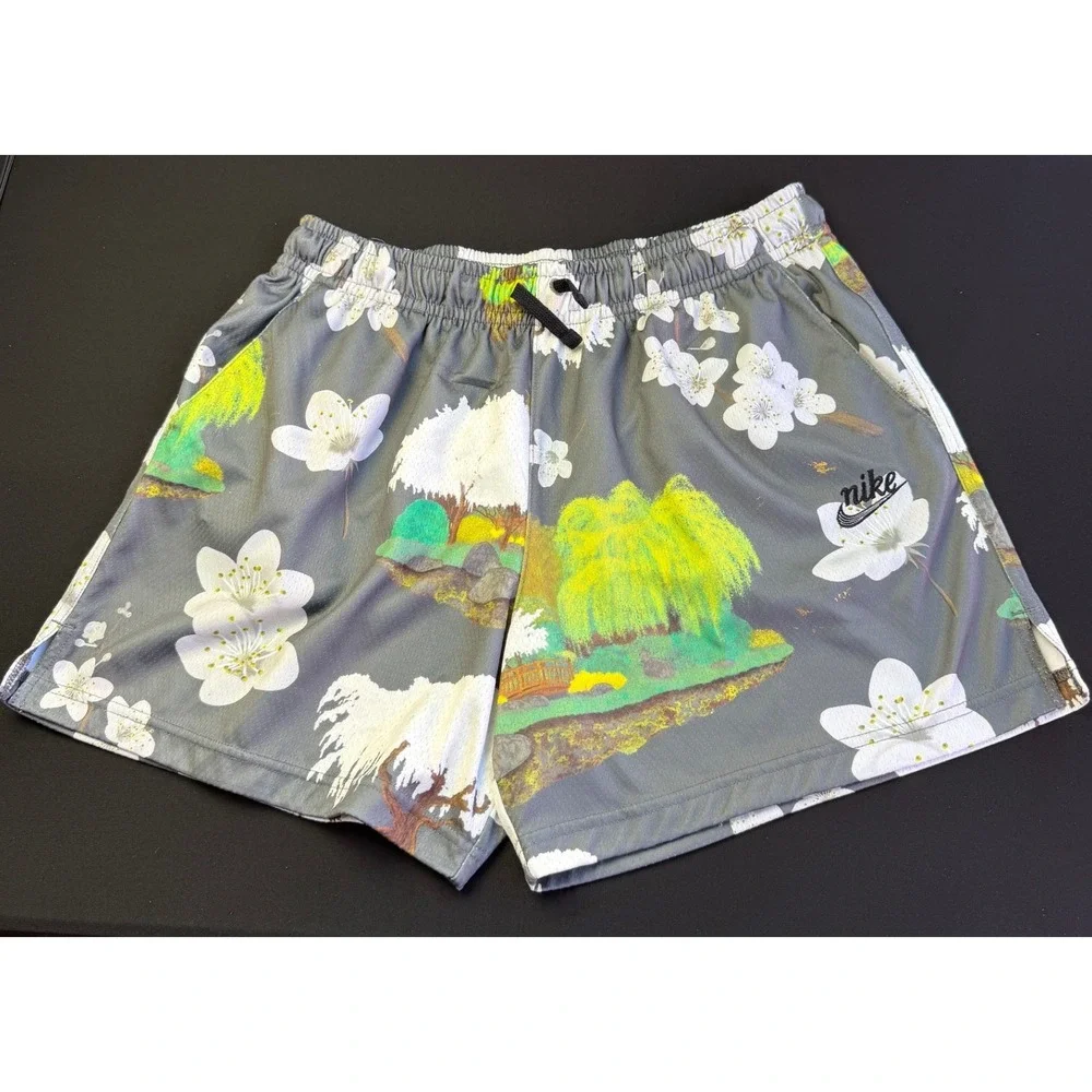 Nike Floral Landscape Mesh Shorts Large Grey Cherry Blossom Garden Print Graphic